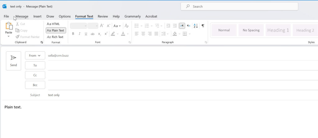 plain text outlook