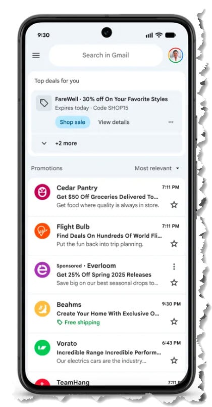 Gmail Promotions tab. Sorted by relevance